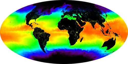 Meeresoberflächentemperatur in einem Falschfarbenbild. Ein einmonatiges Komposit für Mai 2001. Rot und Gelb zeigen wärmere Temperaturen.